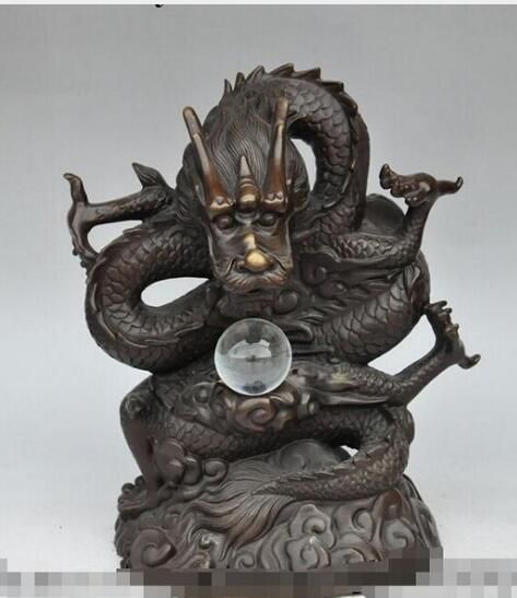 Chinese Fengshui Bronze Zodiac Year Dragon Dragons Animal Hold Bead Statue