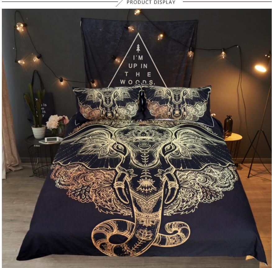 New African Tribal Elephant Bedding Set Boho Mandala Golden Design
