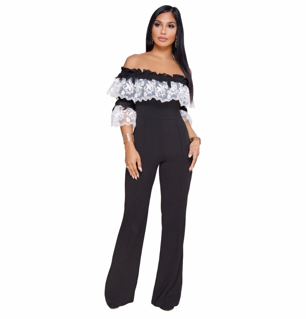 flower embroidery off shoulder wide leg jumpsuit