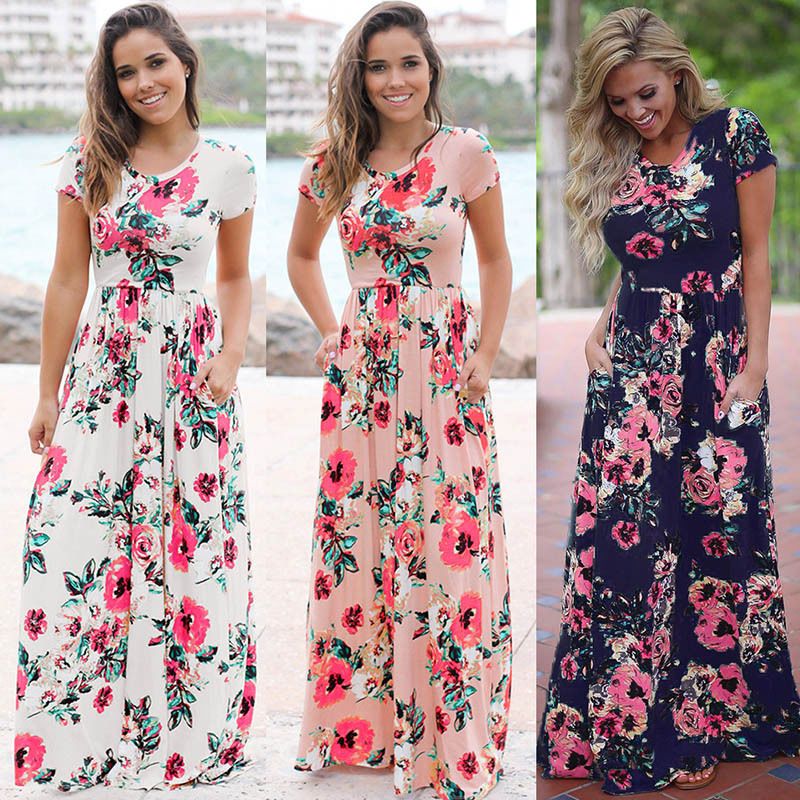 Disturbio Pendiente no Vestido de manga larga con estampado floral de las mujeres Vestido largo  con bolsillos estilo multi