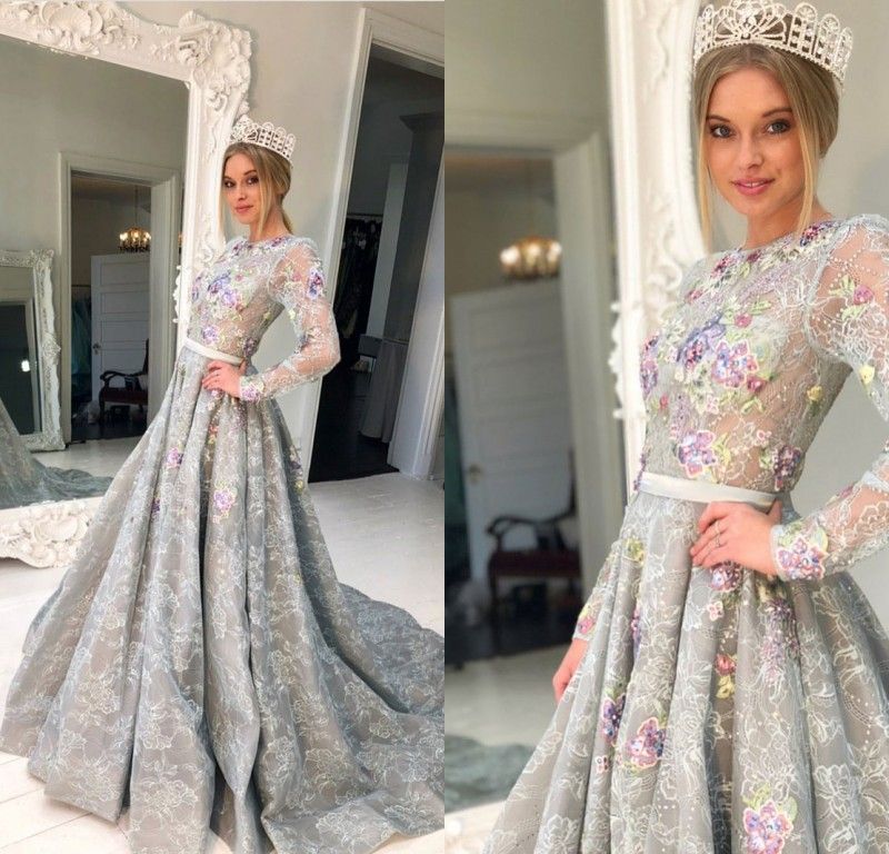 silver long sleeve prom dress