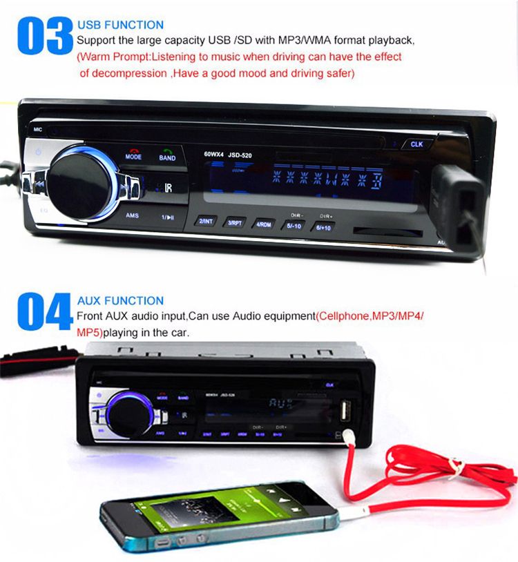 JSD520 12V Bluetooth Car MP3 Player Car Stereo In Dash SD USB MP3 MMC