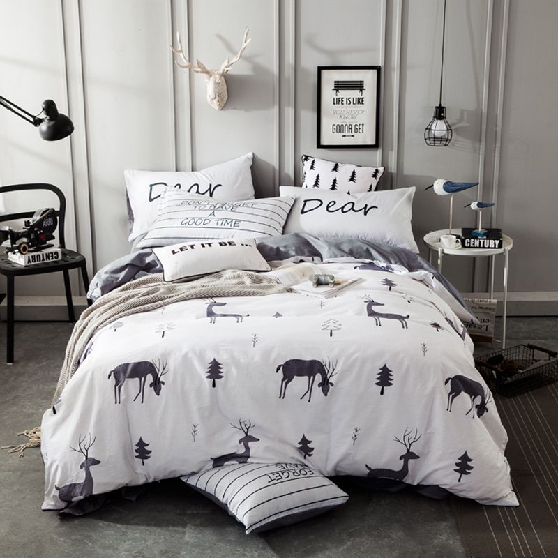 Blue Grey White 100 Cotton Deer Print Bedding Set Kids Adults