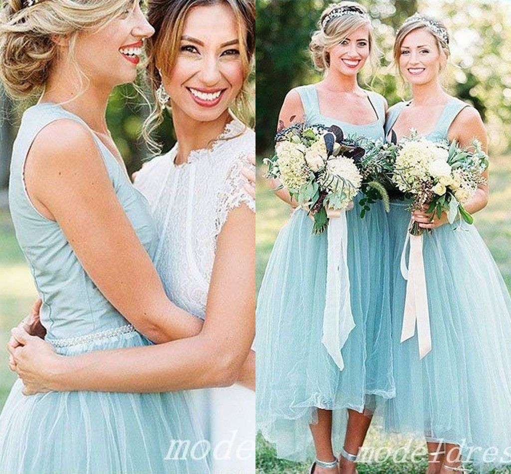 Sage High Low Bridesmaid Dresses 2018 Spaghetti Simple Hi Lo Country Garden Beach Wedding Guest Gowns Plus Size Maid Of Honor Dress Cheap Short Lace