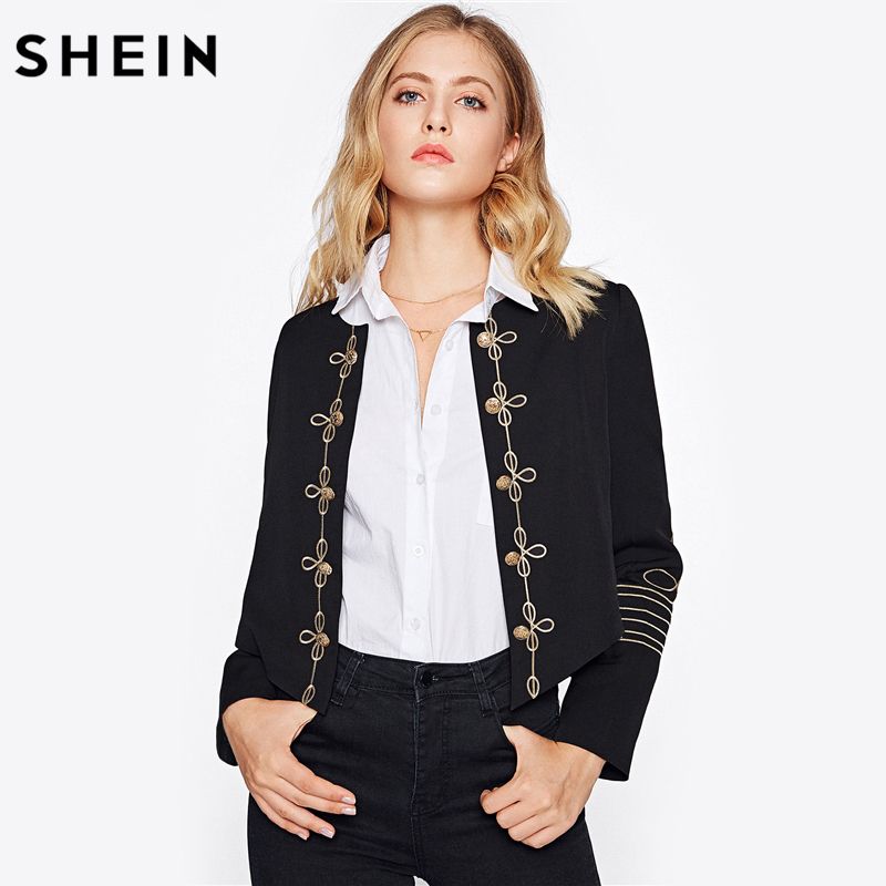 Trajes Mujer Blazers Wholesale Shein Botón De Oro Bordado Adornado Blazer Black Elegant Coat Y Trabajos Ajustados Sin Collar De 48,62 € | DHgate