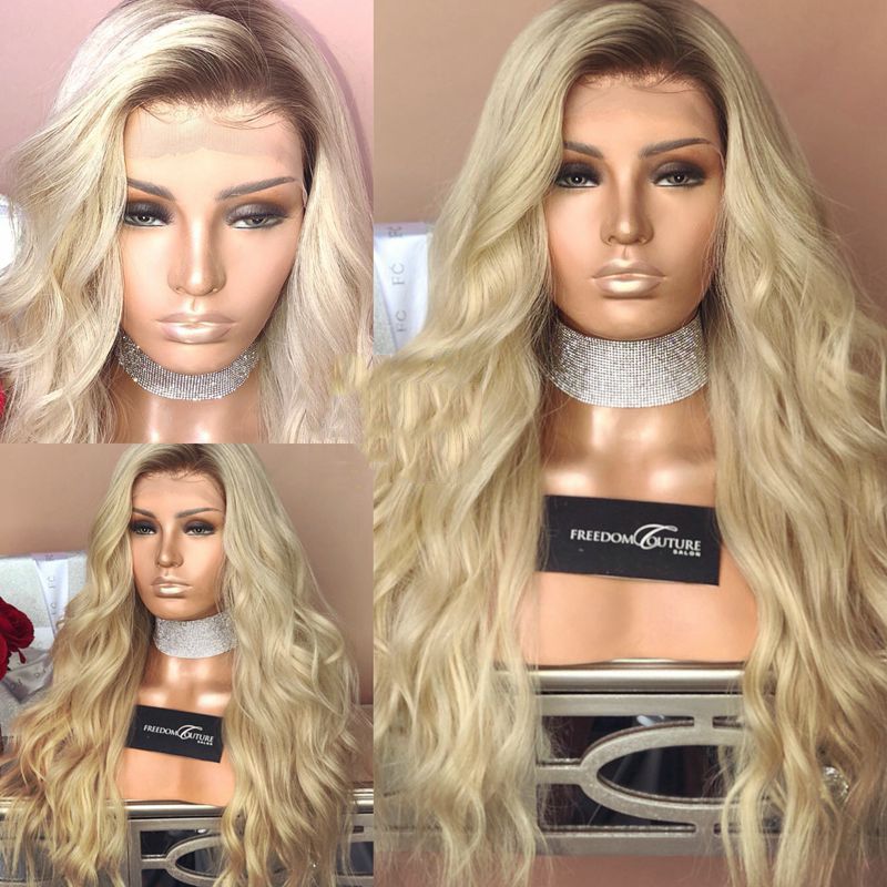1b 613 Body Wave Full Lace Wig Blonde Color With Black Hair Roots