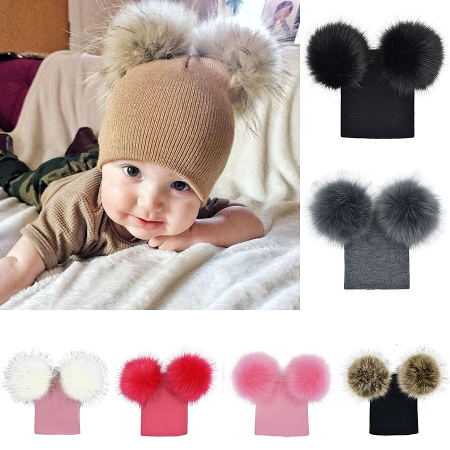 Girls Boys Christmas Faux Fur Ball Beanie Baby Knit Cap Warm Hat Kids Winter Hat