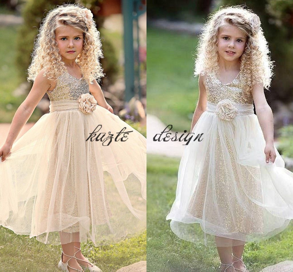 Shiny Ivory Gold Rustic Country Flower Girls Dresses With Belt