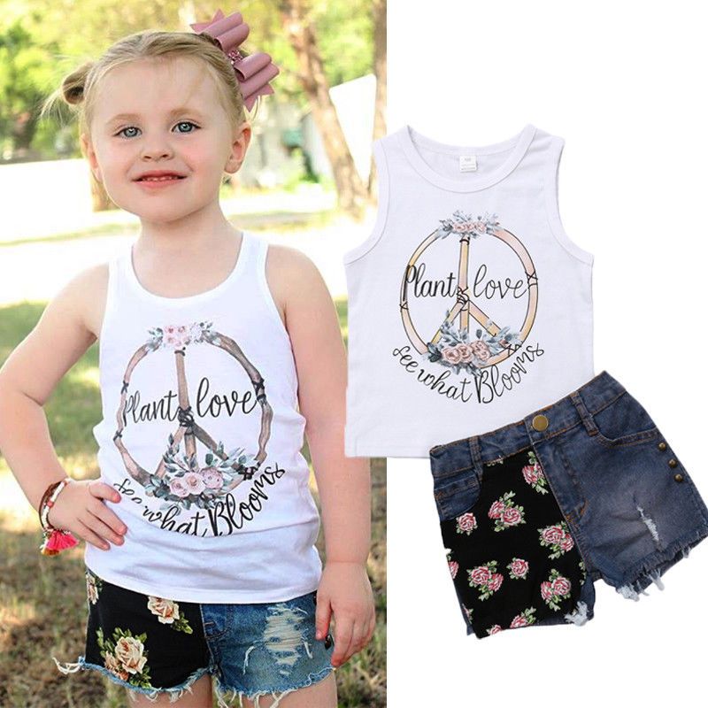 2020 Summer Kids Girl Clothes Flower White Vest Jeans Shorts Set
