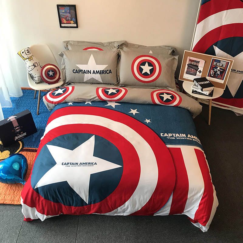 100 Cotton Marvel Bedding Sets Spider Man Captain America Flat