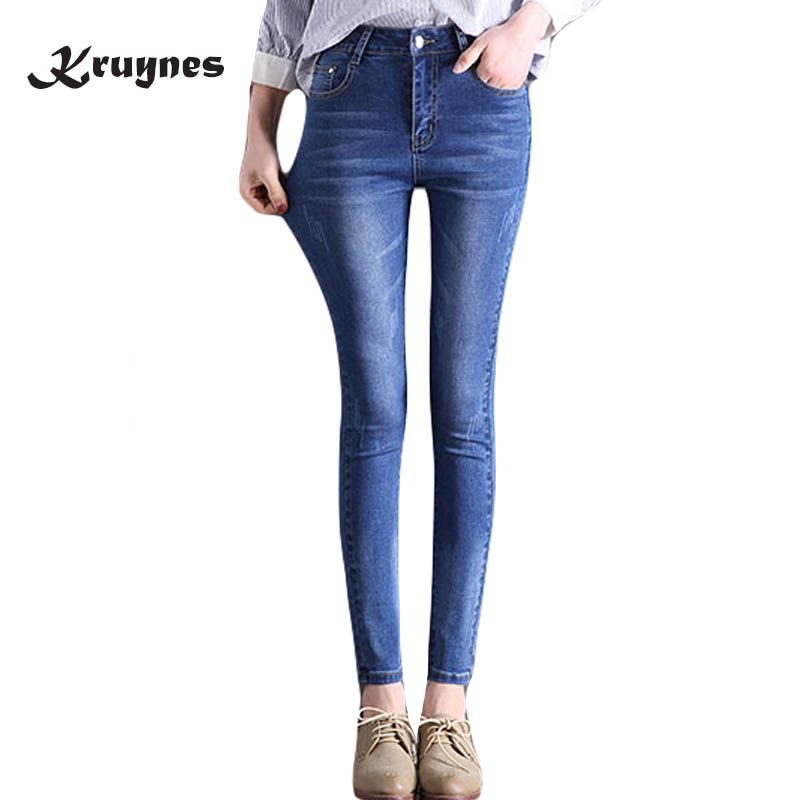 2018 Nueva marca Plus Tamaño 26-32 Black Blue Skinny Jeans Mujer Long Lápiz Pantalones