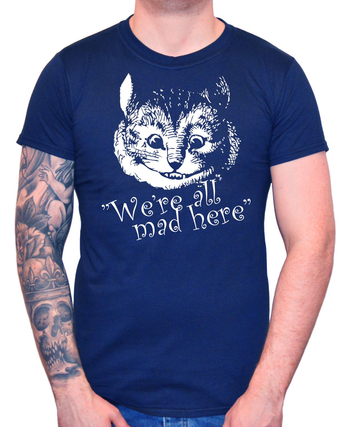 Ladies WE ARE ALL MAD HERE V-Neck T Shirt Alice in Wonderland gift Cheshire tee