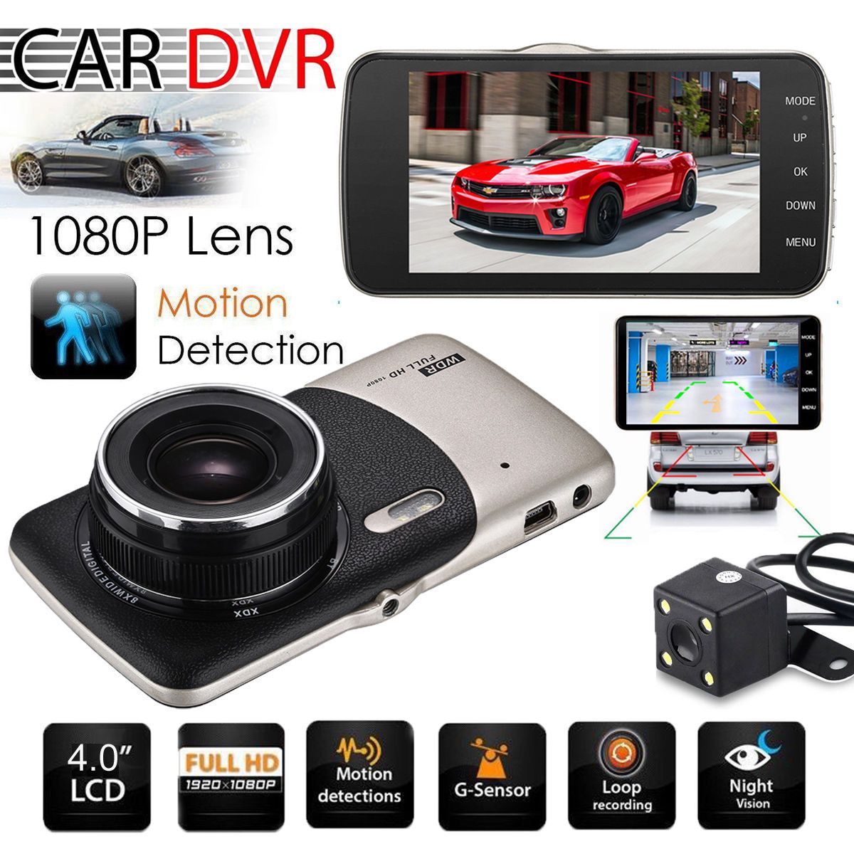 4/" Lente Dual Hd 1080P coche DVR Cámara Grabadora Cámara De Visión Trasera Video Tablero Sensor G
