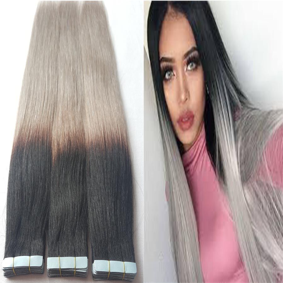 10a Grade Tape In Hair Extensions Ombre Bayalage Black To Gray