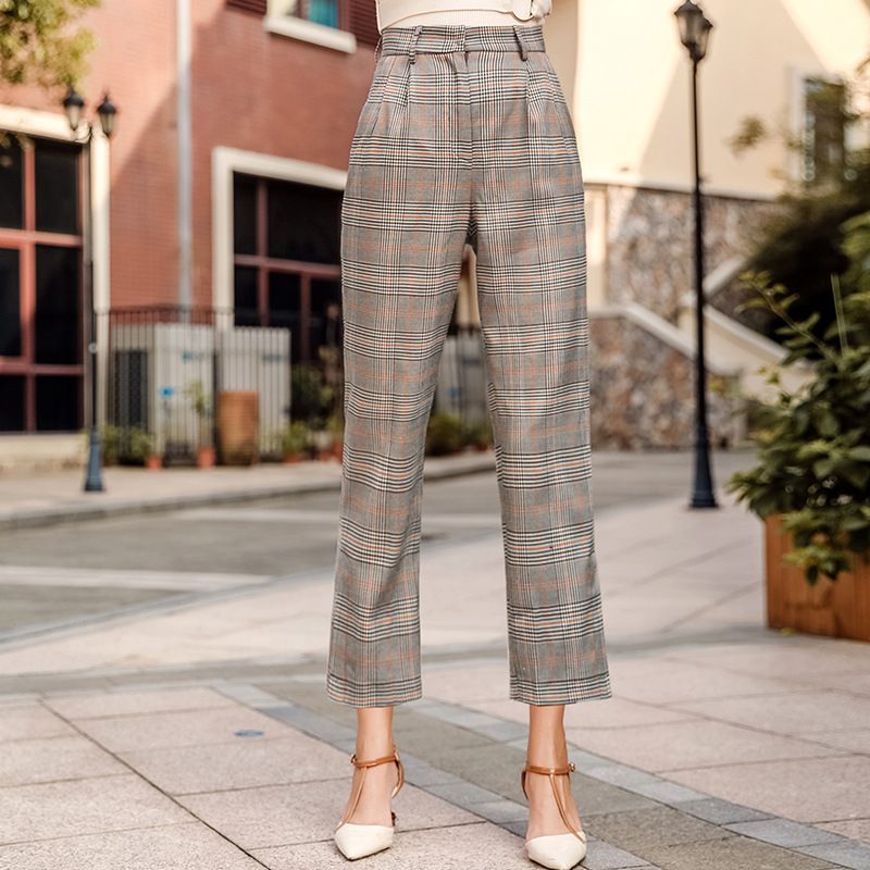 2020 Womens Zipper Straight Plaid Pants 2018 Autumn New Retro