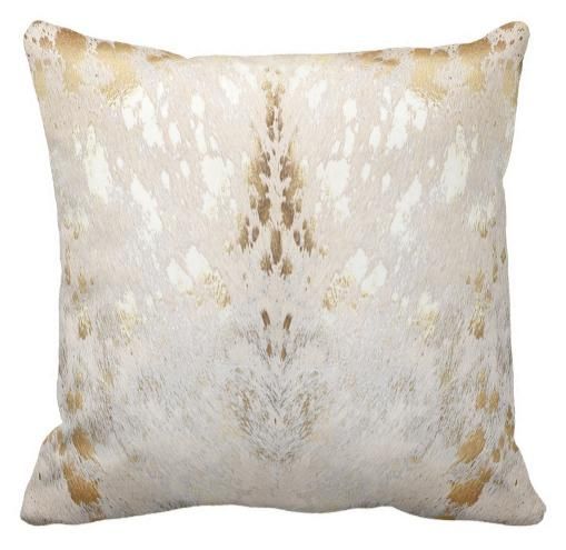 Cowhide White Gold Metallic Acid Wash Print Throw Pillow Cushion