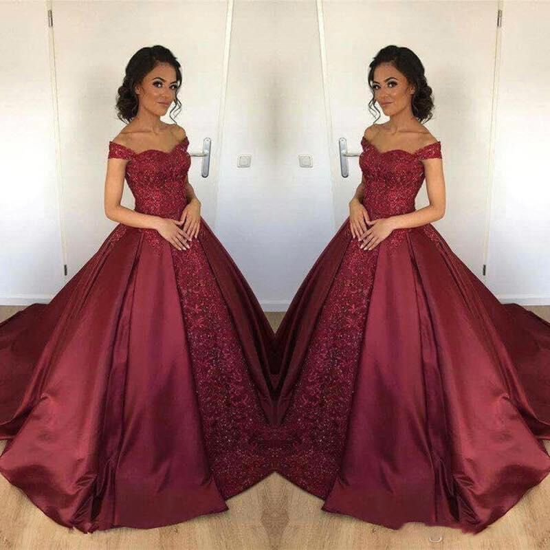 Borgoña 2018 Vestido Quinceañera Vestidos Nuevo Off Satin Encaje Applique Aplique Largo Árabe Sweet