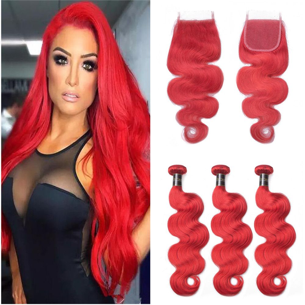 2020 Pure Color Red Human Hair Weaves With Lace Closure Body Wave