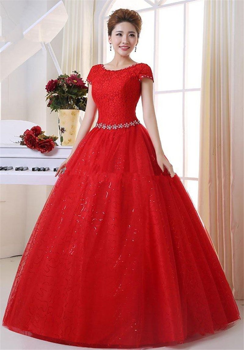 2018 Sexy Red Crystal Lace Ball Gown Wedding Dress With