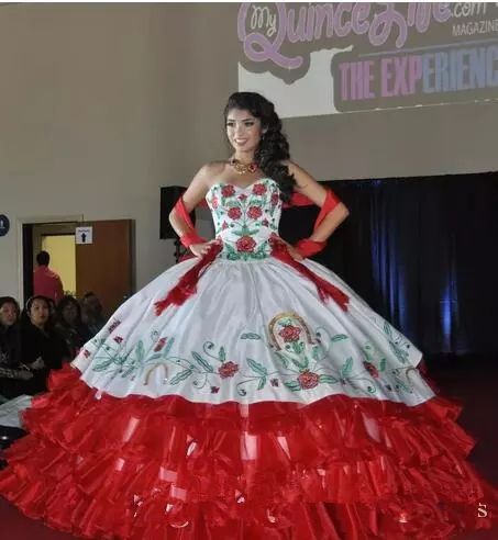 2018 New Sexy Red White Satin Ball Gowns Embroidery Quinceanera Dresses With Beads Sweet 16 Dresses 15 Year Prom Gowns BQ39 2018 New Sexy Red White Satin Ball Gowns Embroidery Quinceanera Dresses With Beads Sweet 16 Dresses 15 Year Prom Gowns BQ39