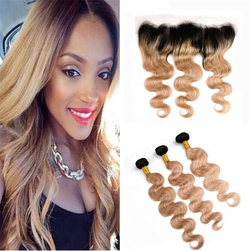2019 2 Tone 1b 27 Honey Blonde Ombre Hair Bundles With Frontal