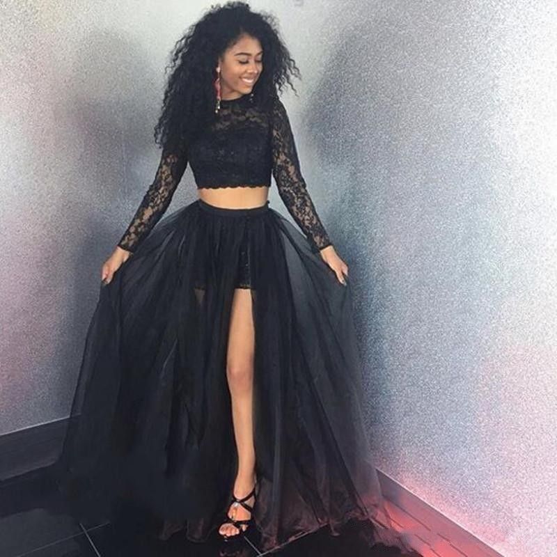 A Line Two Piece Black Long Sleeve Prom Dress With Floral, 43% OFF