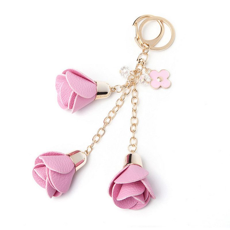 Charm PU Leather Rose Flowers Tassel Keychain Pendant Handbag Purse Car Key Ring