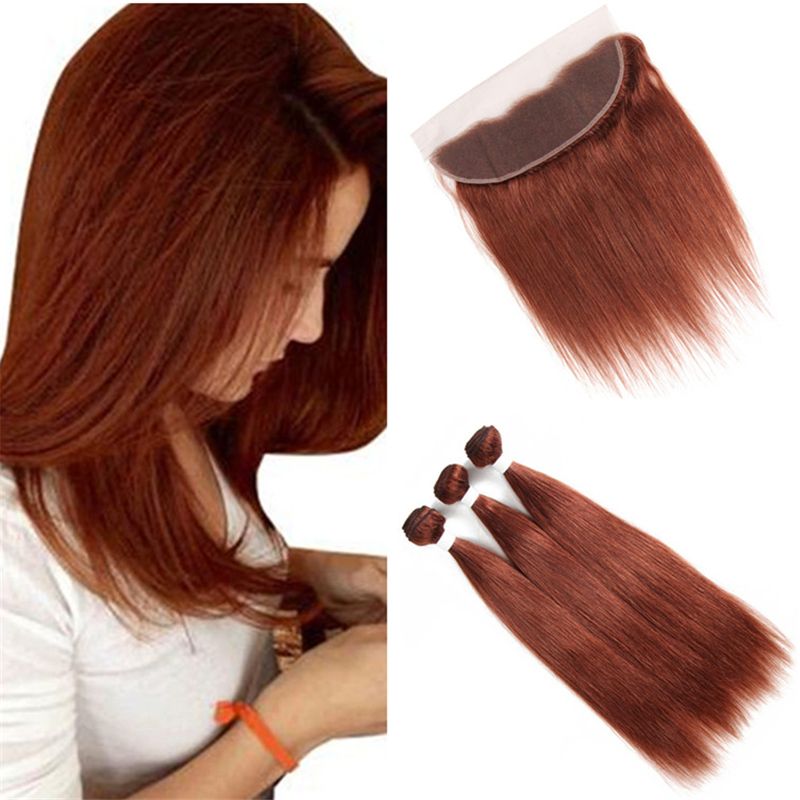 2019 Virgin Indian Dark Auburn Hair Bundles With Lace Frontal