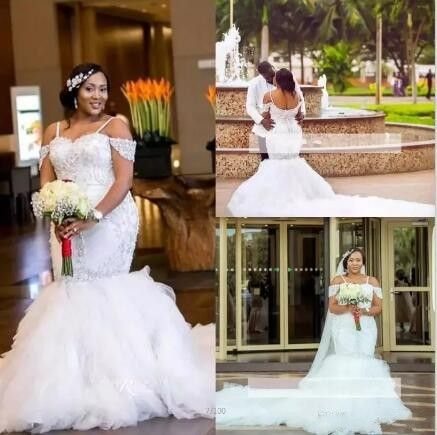 Acheter 2018 Plus Size Africaine Sirène Robes De Mariée Bretelles Spaghetti Train Longue Avec Dentelle Tulle Perles Hiérarchisé Appliques Robes De