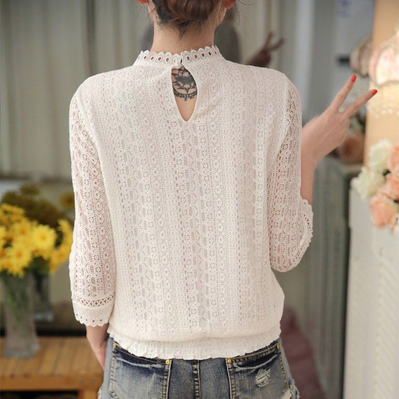 Evolueren Beperkt diep Dames Herfst Casual Wit Kant Blouse 2016 Mode Sexy 3/4 Mouw Stand Kraag Crochet Tops Evolueren Beperkt diep Dames Herfst Casual Wit Kant Blouse 2016 Mode Sexy 3/4 Mouw Stand Kraag Crochet Tops