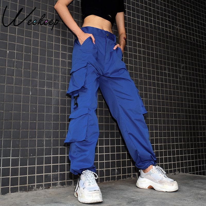 blue satin cargo pants