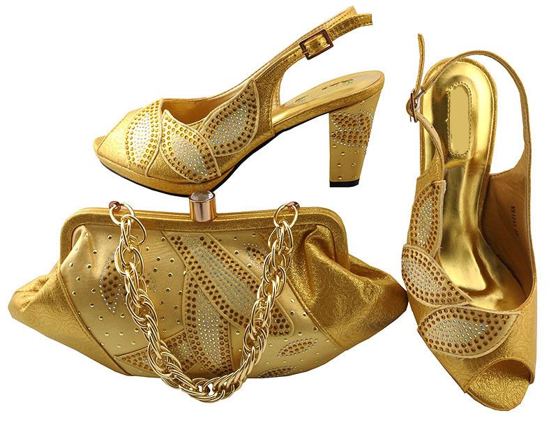 gold shoes and handbag