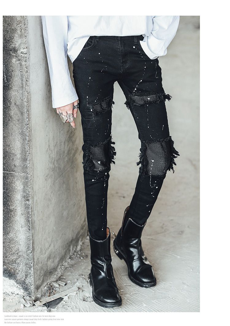 Men Leather Patch Ripped Jeans Slim Fit 