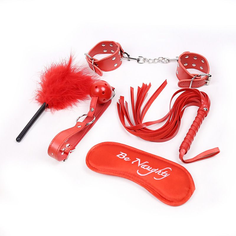 Leather Wrist Ankle Cuffs Mouth Plug Ball Gag Whip Collar Eye Mask Bondage Slave In Adult Games 