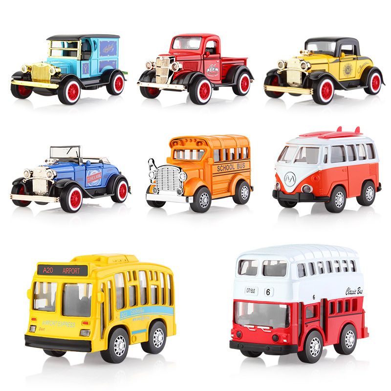 Cartoon Alloy Car Model Toys, Classic Car, Pickup Truck, School Bus with Light, Sound, Pull-back, for Kid' Birthday' Party Gifts, Collecting Cartoon Alloy Car Model Toys, Classic Car, Pickup Truck, School Bus with Light, Sound, Pull-back, for Kid' Birthday' Party Gifts, Collecting