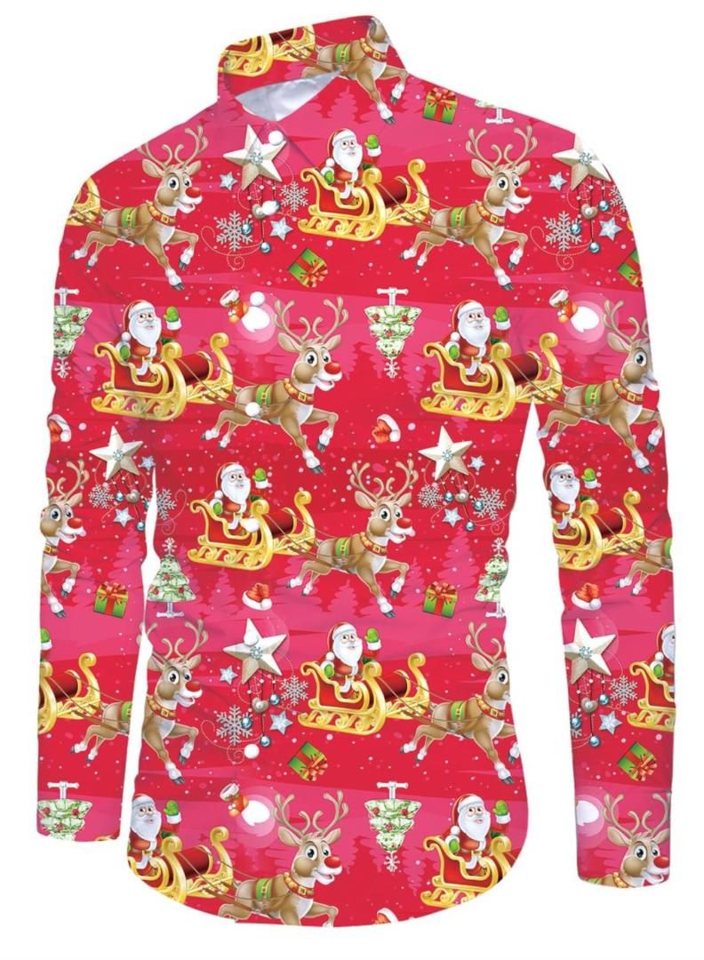 Christmas Men/'s Button Down Printed Shirts Slim Long Sleeve Tops Dress T Shirt
