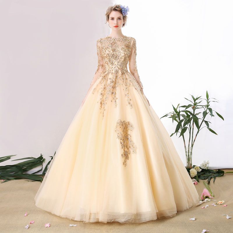 2018 Champagne Vestidos De Novia De Manga Larga Con Apliques De Encaje Dorado Perlas Vestido Tren De La Corte Musulmán Vestidos De Novia Para La Novia Trouwjurk De 296,92 € | DHgate