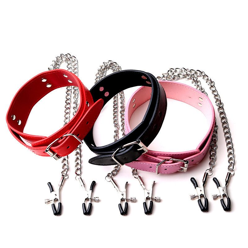 Adult Sex Fetishs Toys For Couples PU Leather Collar With Nipple Clamps ...