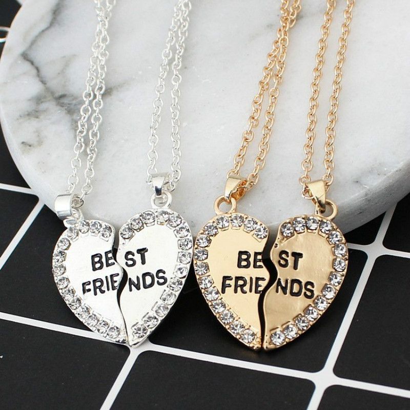 2pcs Crystal Love Heart Pendant Alloy Best Friends Necklace Friendship Gift New