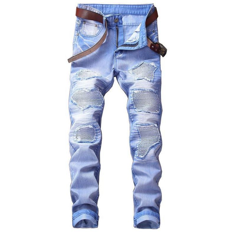 2020 Mens Motorcycle Biker Jeans Blue Pleated Designer Pants Slim Fit Mens Moto Denim Hip Hop