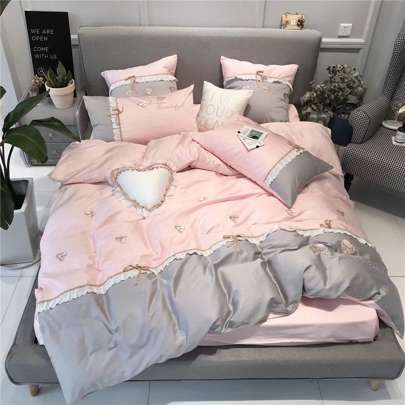 Grey Pink Sweet Princess Love Embroidery Egyptian Cotton Bedding