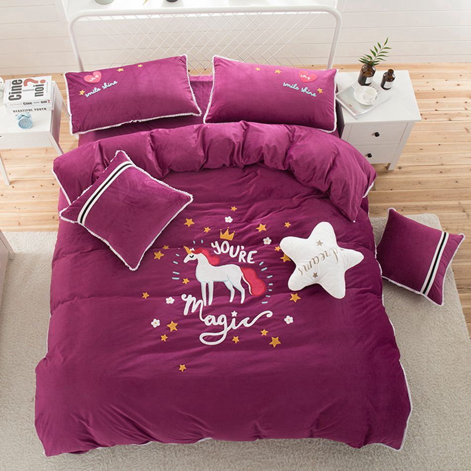 Purple Flannel Bedding Set Unicorn Lovely Style Duvet Cover Warm