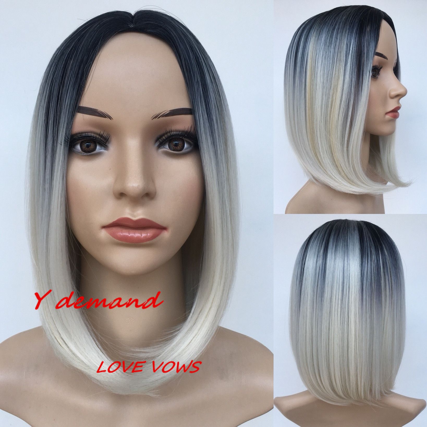 12inch Hot Selling Fashion Short Ombre Black White Straight Wig