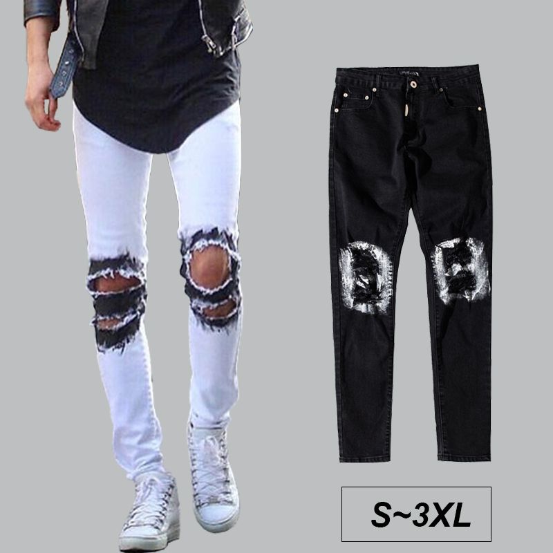 Sebaby Mens Juniors Denim Slim-Tapered Vogue Slim Fitted Holes Jeans