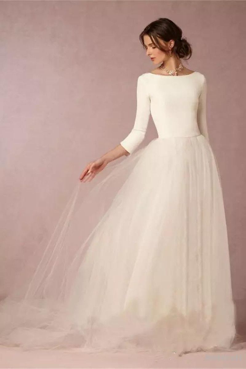 Compra Vestidos De Novia De Invierno Baratos Y Modestos Una Línea Satin  Backless 2018 Nuevos Vestidos De Novia Con Mangas Diseño Simple Falda De  Tul Suave Tren De Barrido Barato | Entrega