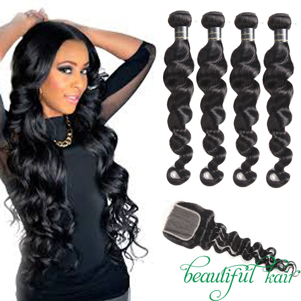 Raw Indian Hair Bundles With Lace Closure Unprocessed Loose Deep