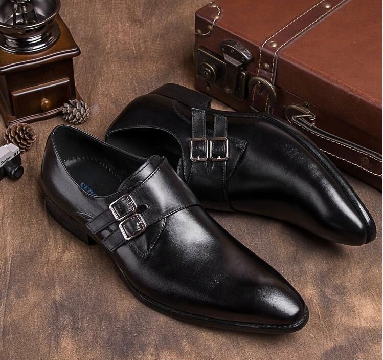 Genuine Leather Pointed Toes Mens Dress Shoes Chunky Heel Buckle Smart ...
