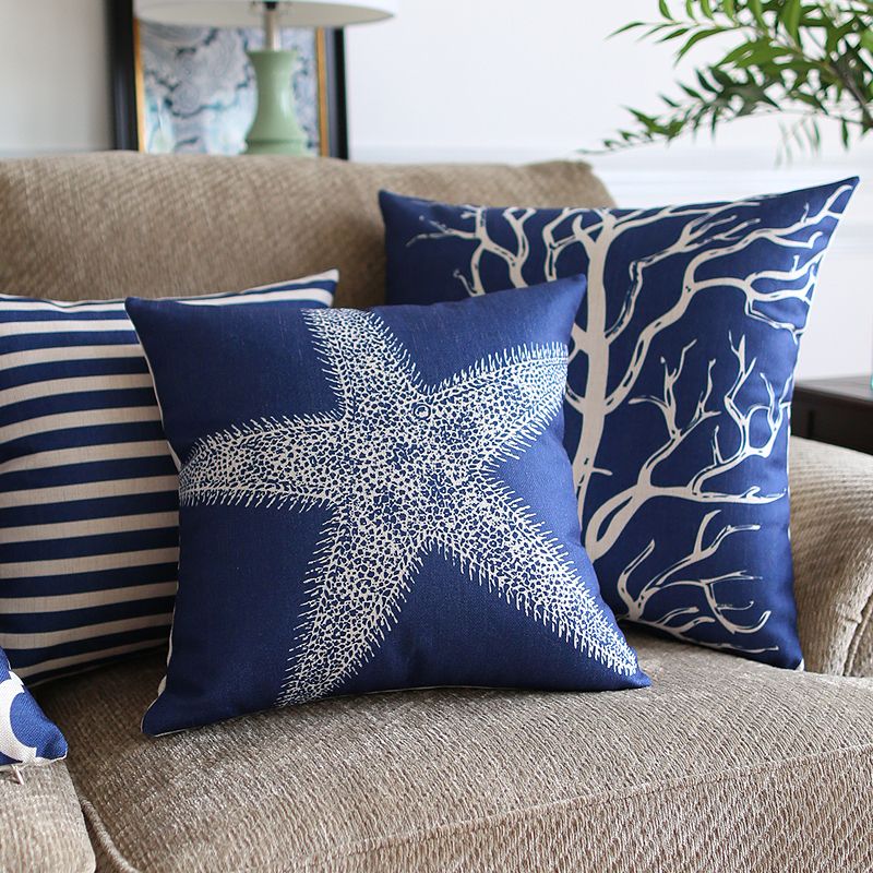 Free Shipping Cotton.Select size Blue /& White pillow cover Star Fish Print