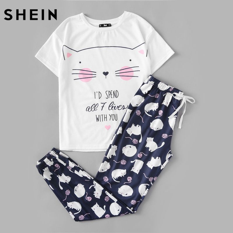 Compra SHEIN Ropa De Dormir Linda Pijama De Mujer Establece Mujer Gato  Estampado De Manga Corta Cuello Redondo Camiseta Blanca Y Pantalones Azules  Conjunto De Pijama S1015 Barato | Entrega Rápida Y