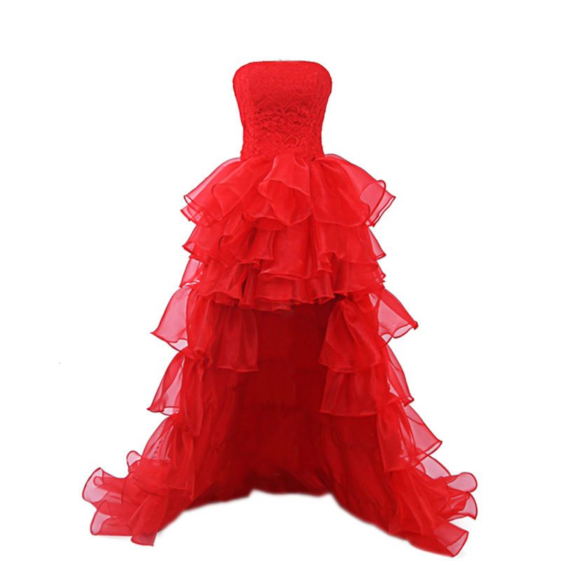 red ruffle high low dress